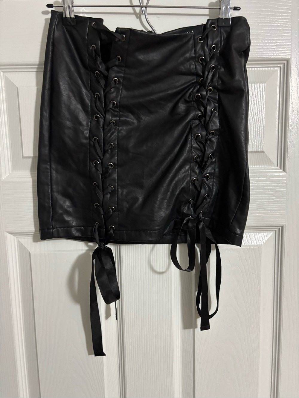 AKIRA Black Faux Leather Double Lace-Up Mini Skirt